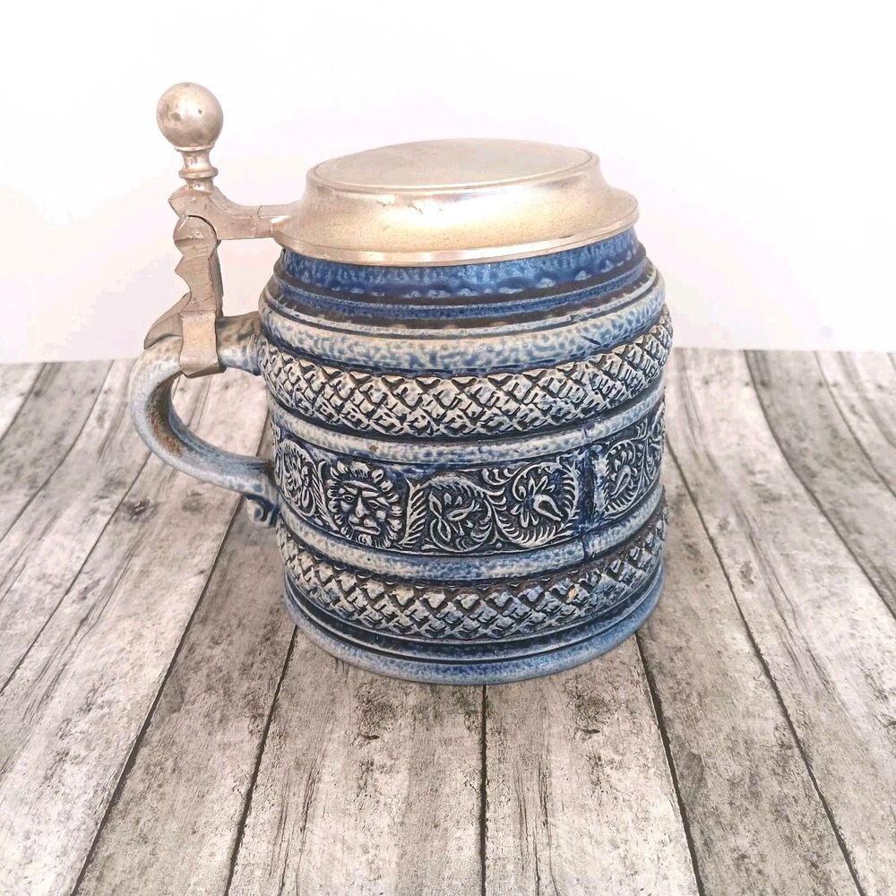 Vintage Gerz W Germany Lidded Beer Stein Cobalt Blue Lion Relief Stoneware